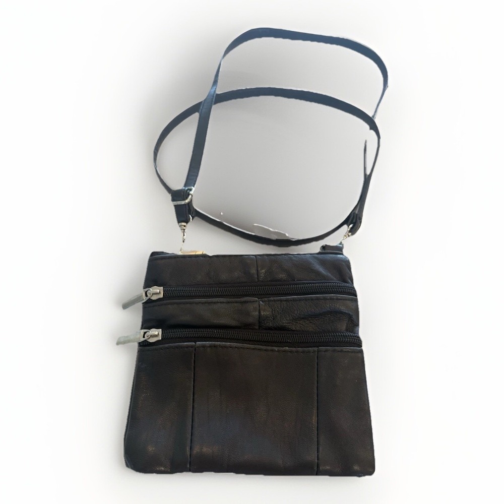 Black‎ Soft Faux Leather Flat Fanny Pack Waist Purse Zips 5 Pockets